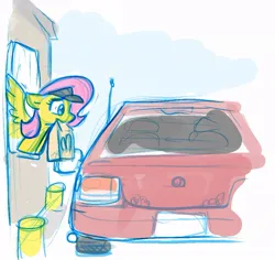 Size: 894x845 | Tagged: safe, artist:zutcha, derpibooru import, fluttershy, pegasus, pony, bag, car, drive thru, female, image, jpeg, mare, mcdonald's, mouth hold, paper bag, sketch, solo, spread wings, visor cap, wings