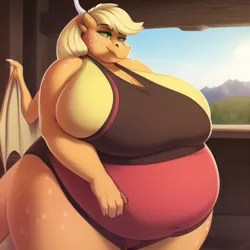Size: 640x640 | Tagged: suggestive, derpibooru import, machine learning generated, applejack, anthro, dragon, applefat, belly, big belly, big breasts, breasts, busty applejack, dragoness, dragonified, fat, female, freckles, hip freckles, huge belly, huge breasts, image, impossibly large belly, impossibly large breasts, morbidly obese, obese, png, solo, solo female, species swap, thighs, thunder thighs