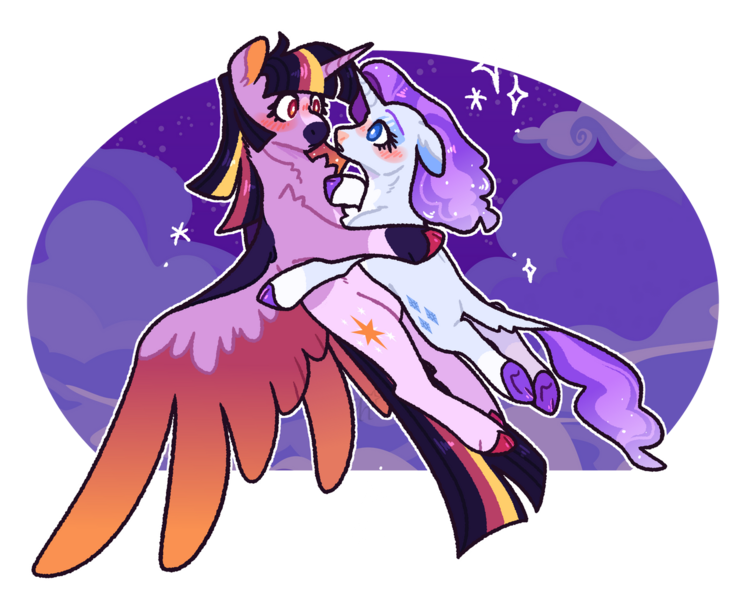 Size: 1280x1033 | Tagged: safe, artist:queerhorses, derpibooru import, rarity, twilight sparkle, twilight sparkle (alicorn), alicorn, pony, unicorn, blushing, cloven hooves, colored wings, female, floppy ears, flying, gradient wings, image, lesbian, looking into each others eyes, mare, png, rarilight, shipping, simple background, sparkles, spread wings, transparent background, wings