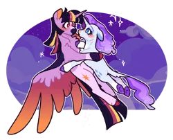 Size: 1280x1033 | Tagged: safe, artist:queerhorses, derpibooru import, rarity, twilight sparkle, twilight sparkle (alicorn), alicorn, pony, unicorn, blushing, cloven hooves, colored wings, female, floppy ears, flying, gradient wings, image, lesbian, looking into each others eyes, mare, png, rarilight, shipping, simple background, sparkles, spread wings, transparent background, wings