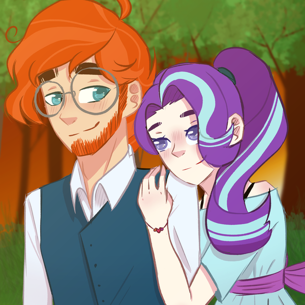 Size: 2250x2250 | Tagged: safe, artist:writtenheart, derpibooru import, starlight glimmer, sunburst, human, colored pupils, date, duo, female, hug, humanized, image, looking at each other, looking at someone, male, png, shipping, smiling, smiling at each other, starburst, straight