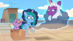 Size: 3072x1727 | Tagged: safe, derpibooru import, screencap, alicorn, pony, raccoon, unicorn, g5, my little pony: tell your tale, spoiler:g5, spoiler:my little pony: tell your tale, spoiler:tyts01e45, brainwashed, female, flaming eyes, frown, image, jpeg, mare, misty brightdawn, opaline arcana, open mouth, ponykind parade-emonium, raccoonicorn, trio