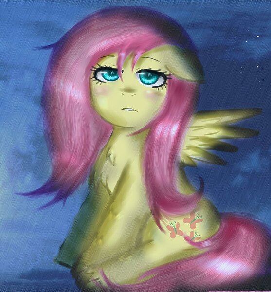 Size: 1000x1077 | Tagged: safe, artist:puffyrin, derpibooru import, fluttershy, pegasus, pony, floppy ears, image, jpeg, old art, rain, sitting, solo, wet