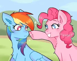 Size: 2000x1595 | Tagged: safe, artist:puffyrin, derpibooru import, pinkie pie, rainbow dash, earth pony, pegasus, pony, testing testing 1-2-3, blushing, boop, cute, dashabetes, diapinkes, duo, image, looking at each other, looking at someone, png, scene interpretation, sparkles, white pupils