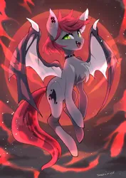 Size: 2894x4093 | Tagged: safe, artist:potetecyu_to, derpibooru import, oc, oc:swaybat, unofficial characters only, bat pony, pony, bat pony oc, bat wings, blood moon, chest fluff, commission, fangs, female, full moon, high res, image, jpeg, looking at you, mare, moon, open mouth, open smile, smiling, smiling at you, solo, wings