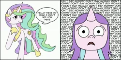 Size: 4000x2000 | Tagged: safe, artist:theapplequeen1, derpibooru import, princess celestia, oc, alicorn, pony, unicorn, 2 panel comic, comic, image, jpeg, simple background, white background