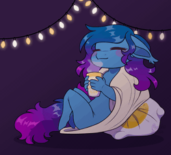 Size: 1100x1000 | Tagged: suggestive, artist:purplegrim40, derpibooru import, oc, unofficial characters only, anthro, bat pony, unguligrade anthro, animated, blanket, chibi, chocolate, christmas, christmas lights, commission, ear twitch, eyes closed, female, floppy ears, food, gif, holiday, hot chocolate, image, nudity, pillow, solo, string lights, ych result