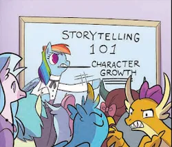 Size: 280x238 | Tagged: safe, derpibooru import, idw, gallus, ocellus, rainbow dash, sandbar, silverstream, smolder, yona, spoiler:comic, image, little fillies, my little pony classics reimagined: little fillies, picture for breezies, png, pointer, student six, whiteboard
