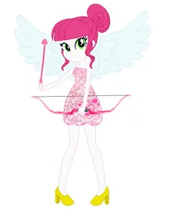 Size: 487x623 | Tagged: safe, artist:leahrow, artist:selenaede, derpibooru import, lovestruck, human, equestria girls, angelic wings, arrow, base used, bow (weapon), clothes, cutie mark, cutie mark on clothes, dress, equestria girls style, equestria girls-ified, hair bun, high heels, image, looking at you, pink dress, png, recolor, shoes, simple background, smiling, solo, strapless, white background, wings