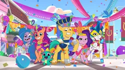 Size: 3072x1727 | Tagged: safe, derpibooru import, screencap, hitch trailblazer, izzy moonbow, pipp petals, sparky sparkeroni, sunny starscout, zipp storm, dragon, earth pony, pegasus, pony, unicorn, my little pony: tell your tale, spoiler:g5, spoiler:my little pony: tell your tale, spoiler:tyts01e45, baby, baby dragon, female, g5, grin, image, jpeg, looking at you, male, mane five (g5), mare, open mouth, open smile, ponykind parade-emonium, royal sisters (g5), siblings, sisters, smiling, smiling at you, stallion