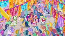 Size: 3072x1727 | Tagged: safe, derpibooru import, screencap, hitch trailblazer, izzy moonbow, pipp petals, sunny starscout, unnamed character, unnamed pony, zipp storm, bunnycorn, earth pony, pegasus, pony, rabbit, raccoon, unicorn, my little pony: tell your tale, spoiler:g5, spoiler:my little pony: tell your tale, spoiler:tyts01e45, :o, adorapipp, animal, cute, dancing, eyes closed, female, g5, grin, image, izzybetes, jpeg, leaf (g5), male, mane five (g5), mare, open mouth, open smile, ponykind parade-emonium, raccoonicorn, royal sisters (g5), siblings, sisters, smiling, stallion, sugarpuff lilac