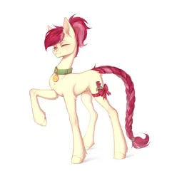 Size: 2700x2800 | Tagged: safe, artist:inarimayer, derpibooru import, roseluck, earth pony, pony, braid, collar, commission, commissioner:doom9454, cute, image, pet tag, png, pony pet, ponytail, ribbon, rosepet, simple background, solo, white background