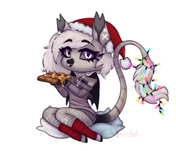 Size: 2670x2301 | Tagged: safe, artist:glanderyuk, derpibooru import, oc, oc:devilvoice, unofficial characters only, bat pony, :p, bat pony oc, bat wings, christmas, christmas lights, ear piercing, food, heart, holiday, image, jewelry, necklace, piercing, pizza, png, simple background, solo, tongue out, white background, wings