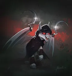 Size: 2874x3000 | Tagged: safe, artist:helmie-art, derpibooru import, ponified, bat pony, pony, cloak, clothes, death (puss in boots), fangs, grim reaper, image, jpeg, male, puss in boots: the last wish, red eyes, scythe, simple background, solo, stallion, unshorn fetlocks