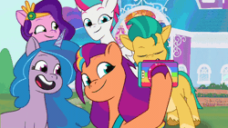 Size: 800x450 | Tagged: safe, derpibooru import, official, screencap, hitch trailblazer, izzy moonbow, pipp petals, sunny starscout, zipp storm, earth pony, pegasus, pony, unicorn, my little pony: tell your tale, :p, animated, commercial, crystal brighthouse, cute, eyes closed, female, frame by frame, g5, gif, grin, image, male, mane five (g5), mare, mobile phone, my little pony logo, open mouth, open smile, phone, royal sisters (g5), selfie, siblings, sisters, smartphone, smiling, stallion, sunnybetes, text, tongue out