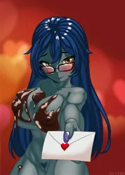 Size: 2135x3000 | Tagged: suggestive, artist:up1ter, derpibooru import, oc, oc:sweet scribe, changeling, human, equestria girls, breasts, chocolate, commission, food, humanized, image, jpeg, letter, looking at you, love letter, solo, ych result