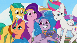 Size: 800x450 | Tagged: safe, derpibooru import, official, screencap, hitch trailblazer, izzy moonbow, pipp petals, sunny starscout, zipp storm, earth pony, pegasus, pony, unicorn, my little pony: tell your tale, adorapipp, animated, commercial, crystal brighthouse, cute, eyes closed, female, g5, gif, grin, hitchbetes, image, izzybetes, male, mane five (g5), mare, mobile phone, my little pony logo, open mouth, open smile, phone, royal sisters (g5), selfie, siblings, sisters, smartphone, smiling, stallion, sunnybetes, text