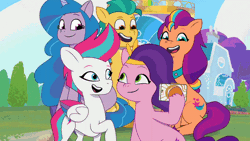 Size: 800x450 | Tagged: safe, derpibooru import, edit, official, screencap, hitch trailblazer, izzy moonbow, pipp petals, sunny starscout, zipp storm, earth pony, pegasus, pony, unicorn, my little pony: tell your tale, :p, absurd file size, absurd gif size, adorapipp, adorazipp, animated, commercial, crystal brighthouse, cute, female, g5, gif, grin, hitchbetes, image, izzybetes, male, mane five (g5), mare, mobile phone, my little pony logo, one eye closed, open mouth, open smile, phone, royal sisters (g5), selfie, siblings, sisters, smartphone, smiling, stallion, sunnybetes, text, tongue out, wink