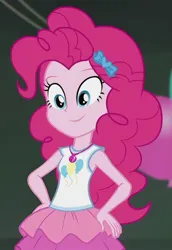 Size: 1144x1662 | Tagged: safe, derpibooru import, screencap, pinkie pie, human, all the world's off stage, equestria girls, equestria girls series, all the world's off stage: pinkie pie, blue eyes, clothes, cropped, cute, cutie mark, cutie mark on clothes, diapinkes, geode of sugar bombs, hairband, hand on hip, happy, image, jewelry, jpeg, magical geodes, necklace, pink hair, pink skin, rah rah skirt, skirt, smiling, solo, tanktop