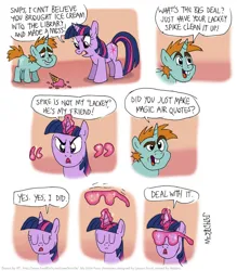 Size: 789x899 | Tagged: safe, artist:kturtle, derpibooru import, snips, twilight sparkle, pony, unicorn, air quotes, colt, deal with it, duo, duo male and female, female, foal, food, ice cream, image, jpeg, magic, male, mare, unicorn twilight