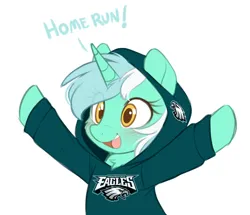 Size: 860x740 | Tagged: safe, artist:higgly-chan, derpibooru import, lyra heartstrings, pony, unicorn, american football, blushing, bust, chest fluff, clothes, female, hoodie, horn, image, mare, nfl, open mouth, open smile, philadelphia eagles, png, raised arms, simple background, smiling, solo, sports, white background