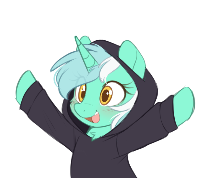 Size: 860x740 | Tagged: safe, alternate version, artist:higgly-chan, derpibooru import, lyra heartstrings, pony, unicorn, blushing, bust, chest fluff, clothes, dig the swell hoodie, female, hoodie, horn, image, mare, open mouth, open smile, png, raised arms, simple background, smiling, solo, white background