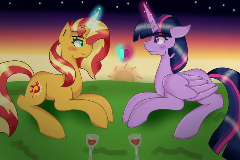 Size: 1200x800 | Tagged: safe, artist:dazzlingmimi, artist:eeveeglaceon, derpibooru import, sunset shimmer, twilight sparkle, twilight sparkle (alicorn), alicorn, pony, unicorn, alcohol, duo, eye contact, female, glow, glowing horn, horn, image, lesbian, looking at each other, looking at someone, png, shipping, sunset, sunsetsparkle, wine