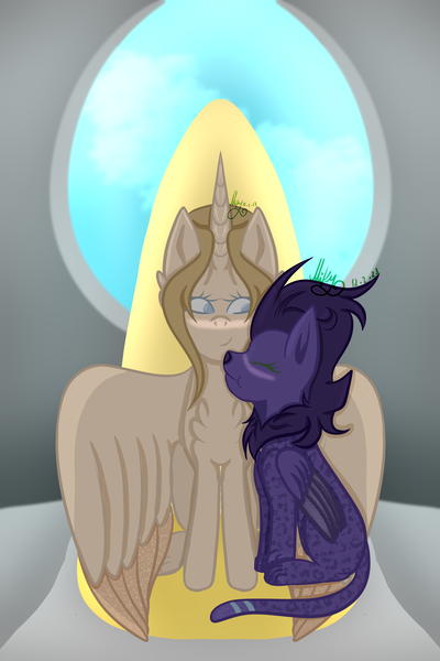 Size: 3600x5400 | Tagged: safe, artist:thecommandermiky, derpibooru import, oc, oc:artura, oc:miky command, unofficial characters only, alicorn, pony, alicorn oc, barely pony related, blushing, eyes closed, eyes open, female, furry, happy, horn, image, lesbian, long tail, looking at each other, looking at someone, oc x oc, png, purple hair, purple mane, shipping, sitting, smiling, spread wings, tail, throne, throne room, window, winged cat, wings, yellow hair, yellow mane