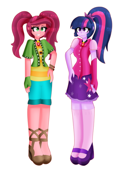Size: 4466x6295 | Tagged: safe, artist:eeveeglaceon, derpibooru import, gloriosa daisy, sci-twi, twilight sparkle, human, equestria girls, alternate universe, clothes, dazzleverse, image, png, simple background, skirt, transparent background