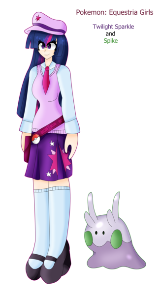 Size: 3441x6347 | Tagged: safe, artist:eeveeglaceon, derpibooru import, spike, twilight sparkle, goomy, human, equestria girls, crossover, human coloration, image, png, pokefied, pokémon, pokémon trainer, simple background, species swap, transparent background