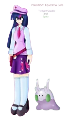 Size: 3441x6347 | Tagged: safe, artist:eeveeglaceon, derpibooru import, spike, twilight sparkle, goomy, human, equestria girls, crossover, human coloration, image, png, pokefied, pokémon, pokémon trainer, simple background, species swap, transparent background