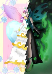Size: 3483x4938 | Tagged: safe, artist:eeveeglaceon, derpibooru import, princess cadance, queen chrysalis, human, fake cadance, horn, horned humanization, humanized, image, png, two sides, winged humanization, wings