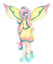 Size: 4424x5291 | Tagged: safe, artist:eeveeglaceon, derpibooru import, fluttershy, human, female, humanized, image, png, rainbow power, simple background, solo, transparent background, winged humanization, wings