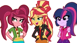 Size: 1510x850 | Tagged: safe, artist:eeveeglaceon, derpibooru import, gloriosa daisy, sci-twi, sunset shimmer, twilight sparkle, human, equestria girls, alternate universe, dazzleverse, female, gem, image, png, simple background, siren gem, transparent background, trio