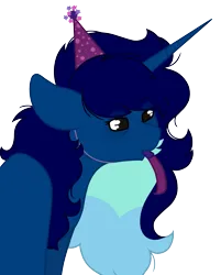Size: 1249x1552 | Tagged: safe, artist:calibykitty, derpibooru import, oc, oc:midnight specter, unofficial characters only, alicorn, pony, birthday, hat, image, messy mane, party hat, party horn, png, simple background, solo, tired eyes, transparent background