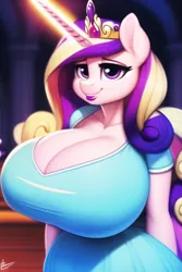 Size: 512x768 | Tagged: suggestive, derpibooru import, machine learning generated, novelai, stable diffusion, princess cadance, alicorn, anthro, big breasts, breasts, busty princess cadance, cleavage, clothes, crown, dress, female, glow, glowing horn, horn, huge breasts, image, impossibly large breasts, jewelry, looking at you, png, regalia, smiling, smiling at you, solo, solo female, wingless, wingless alicorn, wingless anthro