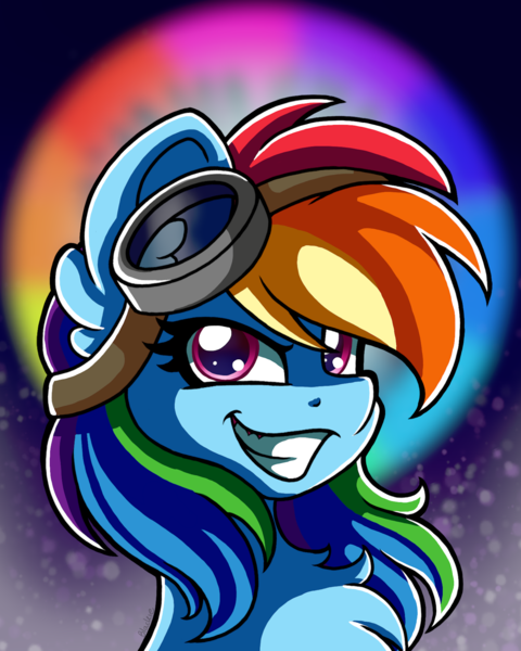 Size: 1600x2000 | Tagged: safe, artist:blackiethepony, derpibooru import, rainbow dash, pegasus, pony, bust, chest fluff, female, goggles, goggles on head, grin, image, mare, png, portrait, smiling, solo