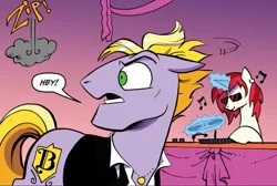 Size: 1113x750 | Tagged: safe, artist:andypriceart, derpibooru import, idw, 33 1-3 lp, buck withers, long play, earth pony, pony, unicorn, neigh anything, spoiler:comic, spoiler:comic12, dialogue, dishevelled, emanata, g4, glow, glowing horn, gradient background, horn, image, jpeg, levitation, magic, male, solo focus, speech bubble, stallion, telekinesis