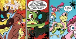 Size: 1334x694 | Tagged: safe, artist:andypriceart, derpibooru import, idw, fluttershy, pinkie pie, rainbow dash, changeling, earth pony, pegasus, pony, the return of queen chrysalis, spoiler:comic, spoiler:comic01, dialogue, disguise, disguised changeling, duo focus, emanata, female, flutterrage, g4, gradient background, if that's okay with you, image, jpeg, mare, onomatopoeia, pow, punch, speech bubble
