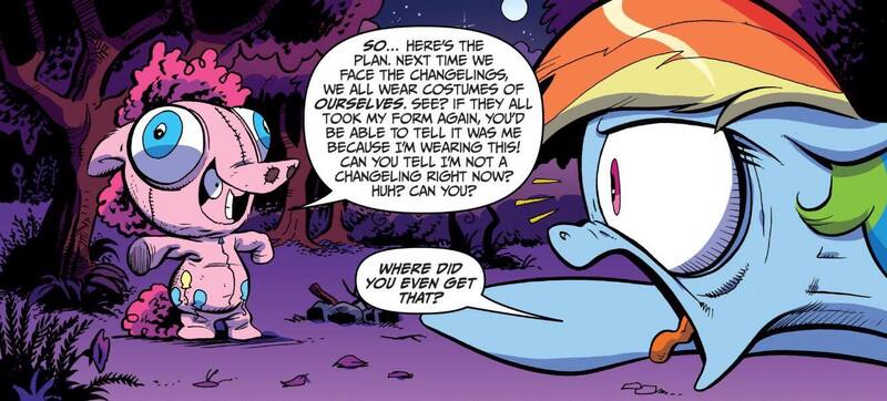 Size: 1334x603 | Tagged: safe, artist:andypriceart, derpibooru import, idw, pinkie pie, rainbow dash, earth pony, pegasus, pony, the return of queen chrysalis, spoiler:comic, spoiler:comic03, clothes, costume, dialogue, duo, female, g4, image, jpeg, mare, pinkie being pinkie, pinkie logic, speech bubble