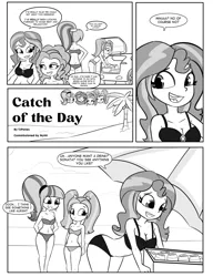 Size: 2500x3262 | Tagged: suggestive, artist:tjpones, derpibooru import, adagio dazzle, aria blaze, sonata dusk, sunset shimmer, human, comic:catch of the day, equestria girls, beach, bikini, black and white, breasts, busty sunset shimmer, butt, clothes, comic, commission, cooler, female, grayscale, high res, image, monochrome, png, soda can, sonata donk, swimsuit, the dazzlings