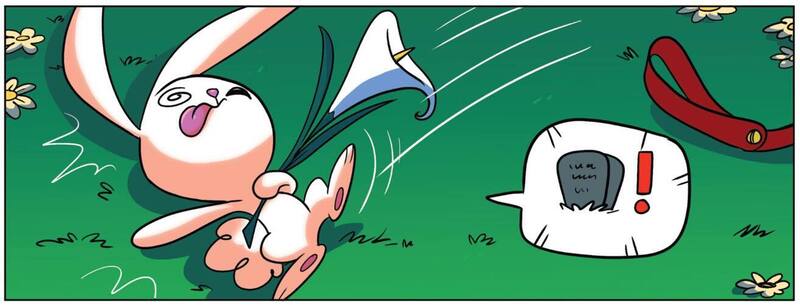 Size: 1314x505 | Tagged: safe, artist:amymebberson, derpibooru import, idw, angel bunny, rabbit, spoiler:comic, spoiler:comic23, animal, emanata, g4, image, jpeg, male, playing dead, solo, tongue out