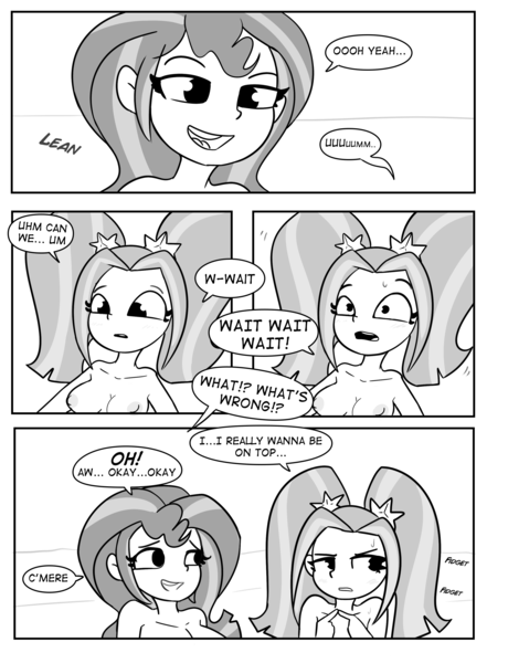 Size: 2500x3262 | Tagged: questionable, artist:tjpones, derpibooru import, aria blaze, sunset shimmer, human, comic:catch of the day, equestria girls, beach, black and white, breasts, busty aria blaze, busty sunset shimmer, comic, commission, dialogue, female, futa, futa on female, futa sunset shimmer, grayscale, high res, image, imminent sex, intersex, lesbian, monochrome, nipples, nudity, png, sex on the beach, shipping, speech bubble, sunblaze