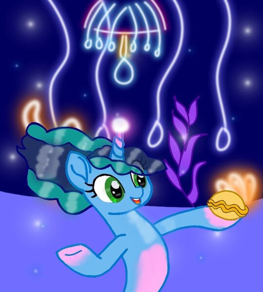 Size: 720x800 | Tagged: safe, artist:mlpeva, derpibooru import, pony, seapony (g4), unicorn, g5, blue mane, female, flowing mane, glow, glowing horn, green eyes, horn, image, jpeg, mare, misty brightdawn, ocean, open mouth, open smile, seaponified, seaquestria, seashell, smiling, solo, species swap, teeth, underwater, water