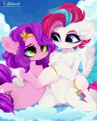 Size: 3277x4096 | Tagged: safe, artist:xsatanielx, derpibooru import, pipp petals, zipp storm, pegasus, pony, adorapipp, adorazipp, chest fluff, cloud, cute, ear fluff, female, g5, hug, image, jpeg, on a cloud, royal sisters (g5), siblings, sisters, sitting, sitting on cloud, skinny pipp, spread wings, wings