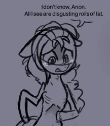 Size: 1201x1384 | Tagged: safe, anonymous artist, derpibooru import, sunny starscout, series:anorexic sunny, /mlp/, 4chan, anorexic, concave belly, crying, emaciated, g5, image, implied anon, jpeg, monochrome, ribcage, ribs, sad, skinny, thin