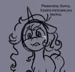 Size: 1427x1367 | Tagged: safe, anonymous artist, derpibooru import, izzy moonbow, pony, unicorn, series:anorexic sunny, /mlp/, 4chan, crying, female, g5, image, implied sunny starscout, jpeg, mare, monochrome, ribcage, sad, talking