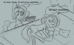 Size: 1162x704 | Tagged: safe, anonymous artist, derpibooru import, pipp petals, sunny starscout, earth pony, pegasus, pony, series:anorexic sunny, /mlp/, 4chan, anorexic, crying, dialogue, female, food, g5, image, mare, monochrome, pizza, png, ribcage, sad, talking, thin