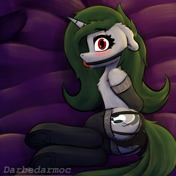 Size: 3072x3072 | Tagged: suggestive, artist:darbedarmoc, derpibooru import, oc, oc:minerva, unofficial characters only, pony, unicorn, arm behind back, ballgag, blushing, bondage, clothes, dock, embarrassed, floppy ears, frog (hoof), gag, image, legs together, looking at you, lying down, png, red eyes, side, socks, solo, stockings, surprised, tail, thigh highs, tied up, underhoof, underwear