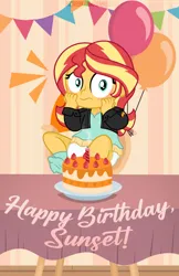 Size: 648x1000 | Tagged: safe, artist:jennieoo, derpibooru import, sunset shimmer, human, equestria girls, age regression, baby, babyset shimmer, balloon, birthday cake, blushing, cake, diaper, food, happy birthday, image, png, shocked, show accurate, solo, table, vector, younger